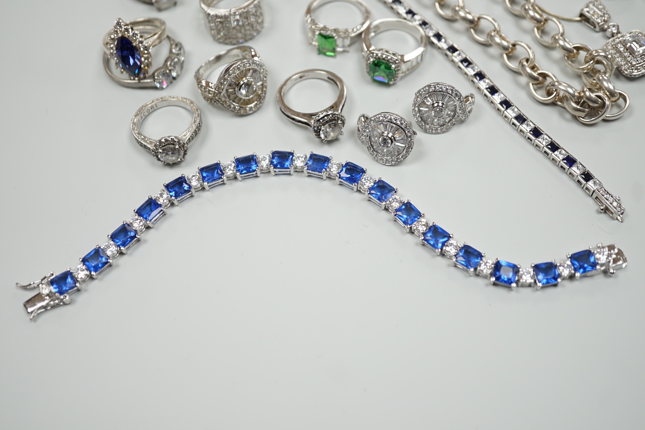 A group of assorted mainly 925 and cubic zirconia set jewellery including rings, earrings bracelet etc. and a 925 necklace.